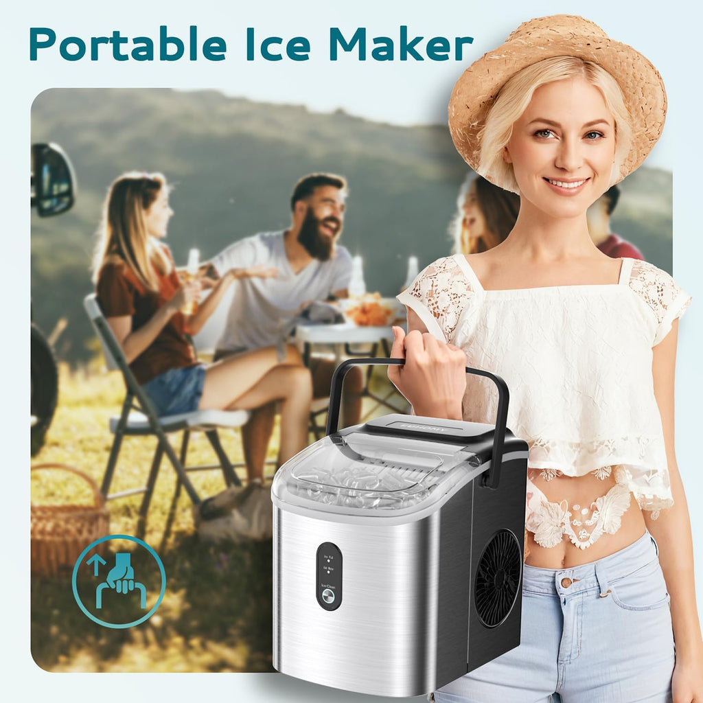Ice Maker Countertop, Portable Ice Machine with Carry Handle, 26.5lbs Per Day, 9 Cubes in 6 Mins, Auto-Cleaning