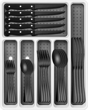 Black Silverware Set, 49-Piece Flatware Set with Drawer Organizer, Durable Stainless Steel Cutlery Set for 8