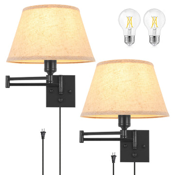 Dimmable Wall Sconce Plug in, Wall Sconces Set of Two Swing Arm Wall Lights with Plug in Cord and On/Off Dimmer
