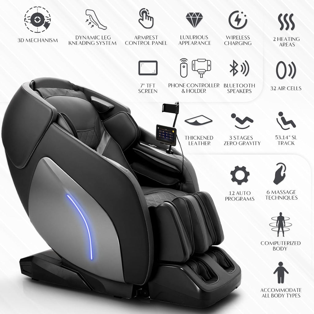 3D Massage Chair, Full Body Massage Chair, Zero Gravity Recliner w/Dynamic Leg Kneading System, 53.14" SL Track