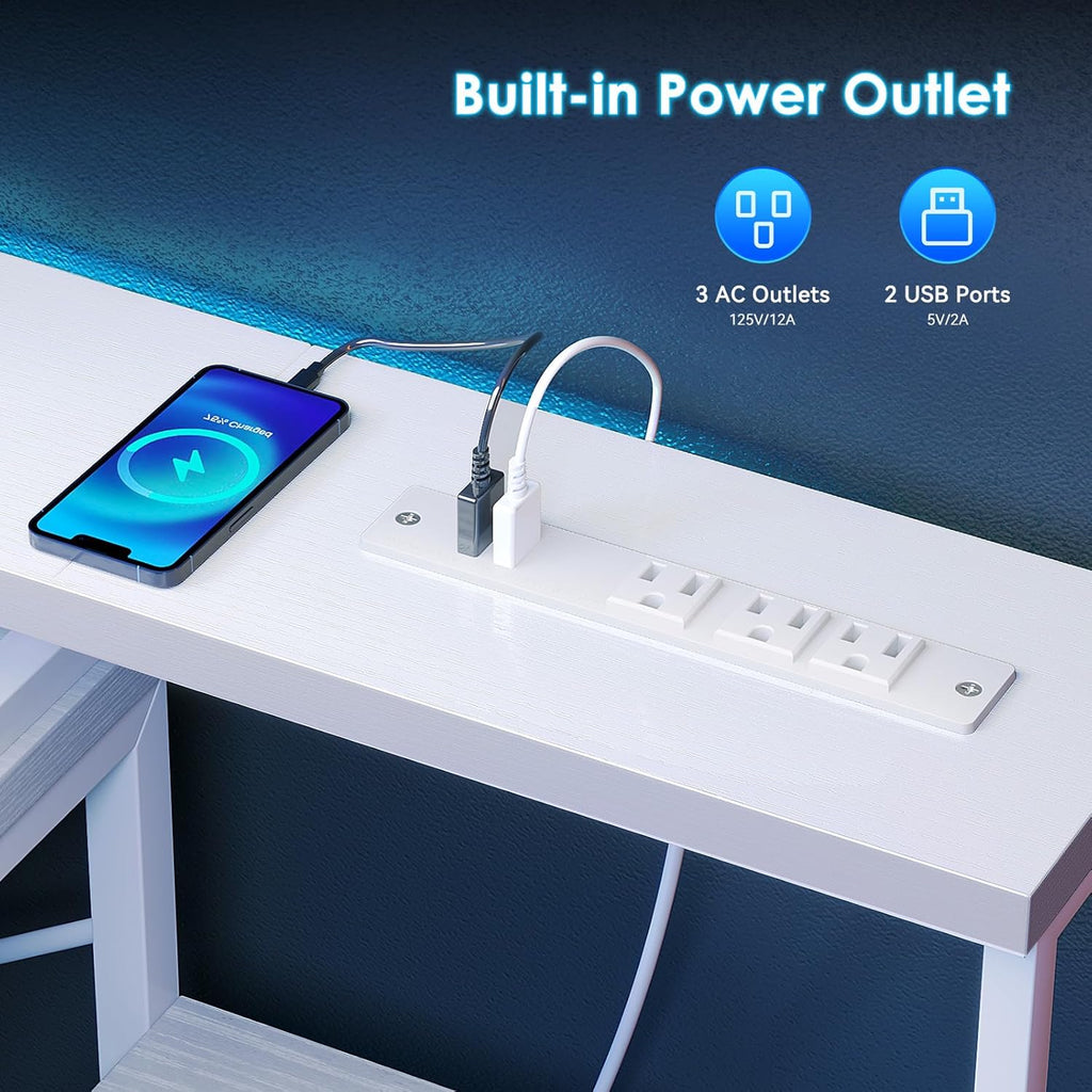 55 Inch Computer Desk with 4 Drawers, Office Desk with Power Outlets, Printer Shelf & Storage Shelves