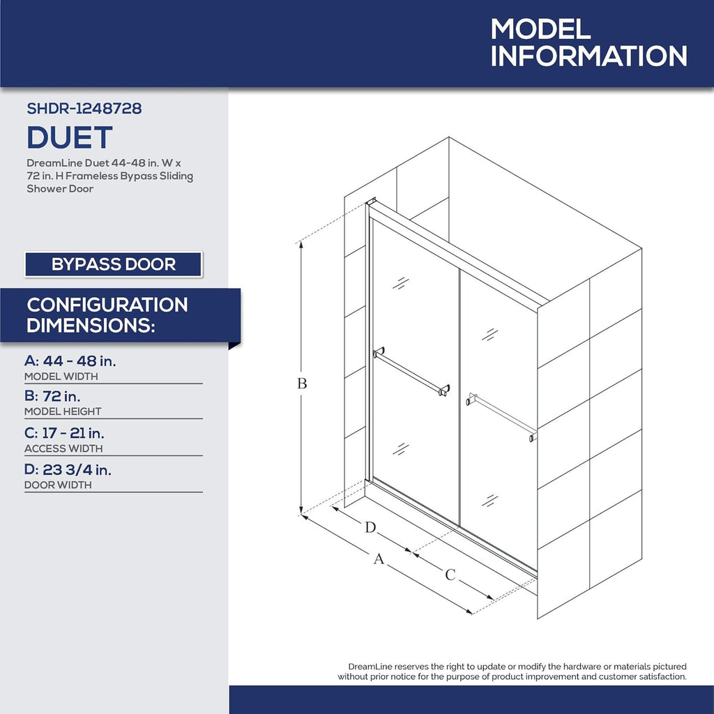 Duet 44-48 in. W x 72 in. H Semi-Frameless Bypass Sliding Shower Door in Chrome, SHDR-1248728-01