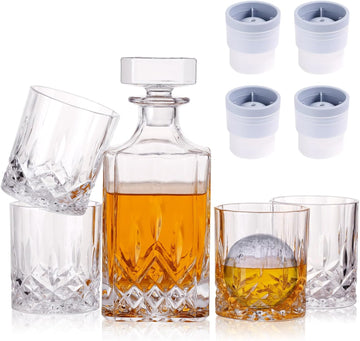 Crystal Whiskey Decanter Set In Gift Box - Includes 4 Crystal Whiskey Glasses and 4 Big Ice Ball Molds - Unique - Set of 9