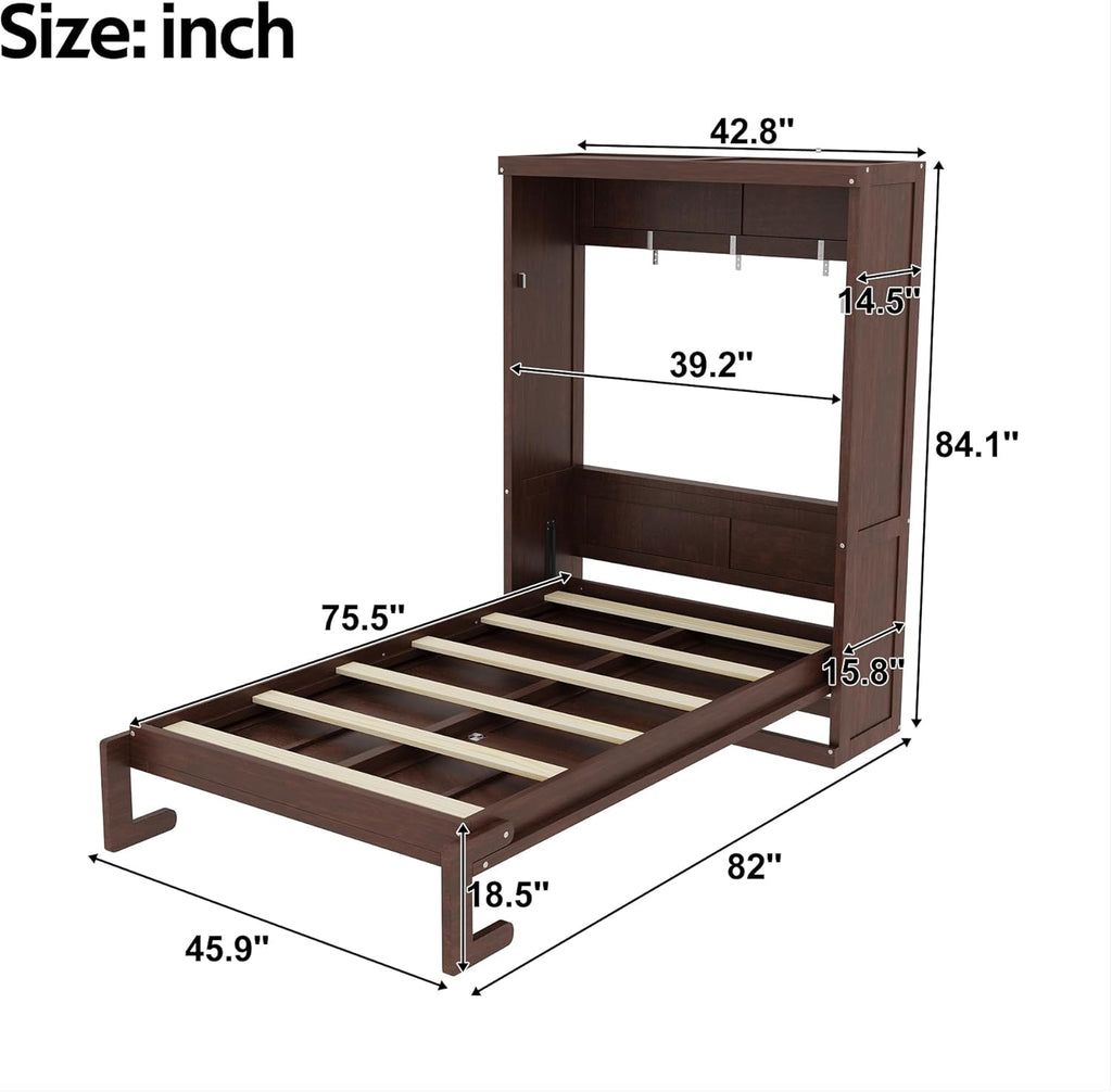 Twin Farmhouse Murphy Bed,Solid Wood Folding Vertical Murphy Wall Bed Cabinet for Bedroom Office,Space-Saving