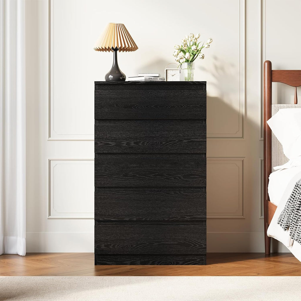 Black Wood Dresser , 5 Drawer for Clothes Storage | Handle-Free, Tall Wooden Chest Drawers , Night Stand