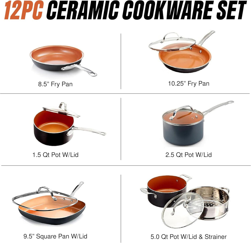 12 Pc Pots and Pans Set Non Stick Ceramic Cookware Set | Non Toxic PFOA/PFOS/PTFE Free, Stay Cool Stainless Steel
