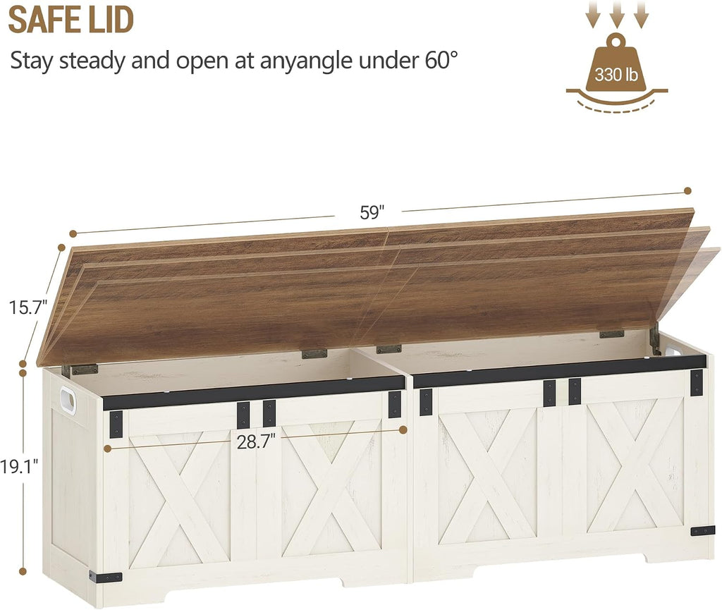 59" Storage Bench, Lift Top, 268L/70 Gal Large Chest | | Retro White, Farmhouse, FSC Wood, 330lb, Double Hinges