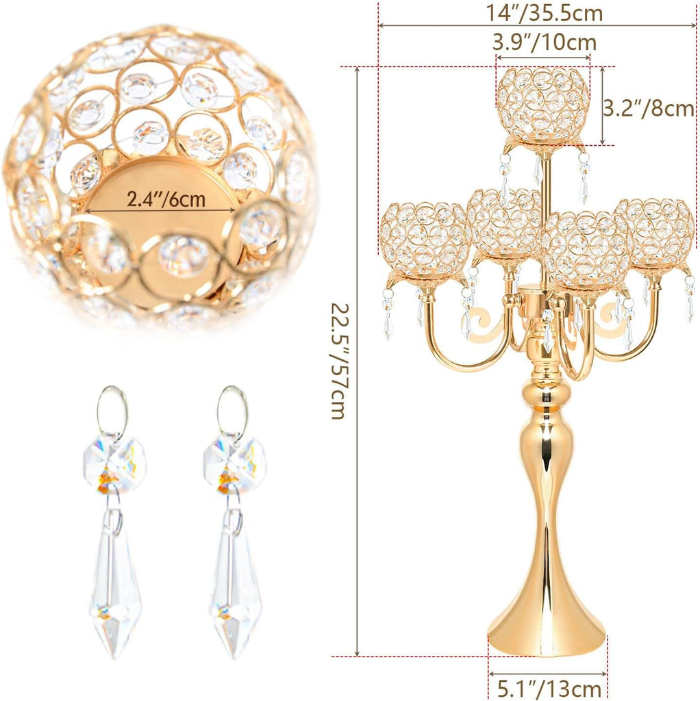 Set of 4 Candlesticks 5 Arm Crystal Strap Pendant Gold Table Decor Candelabra, 22.5 inches Elegant Dining Room