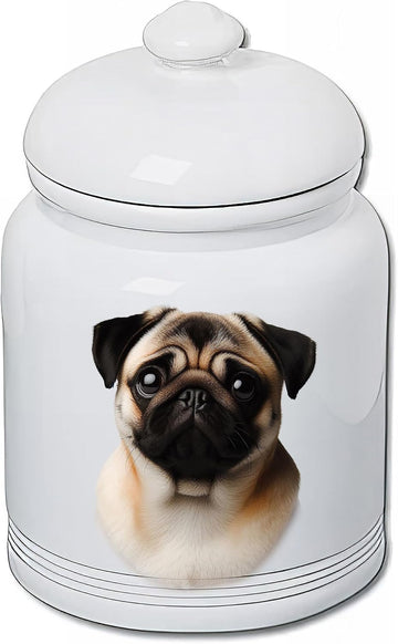 Pug Fawn Dog and Cat Ceramic Treat Jar 9" Tall Air Tight Seal All White