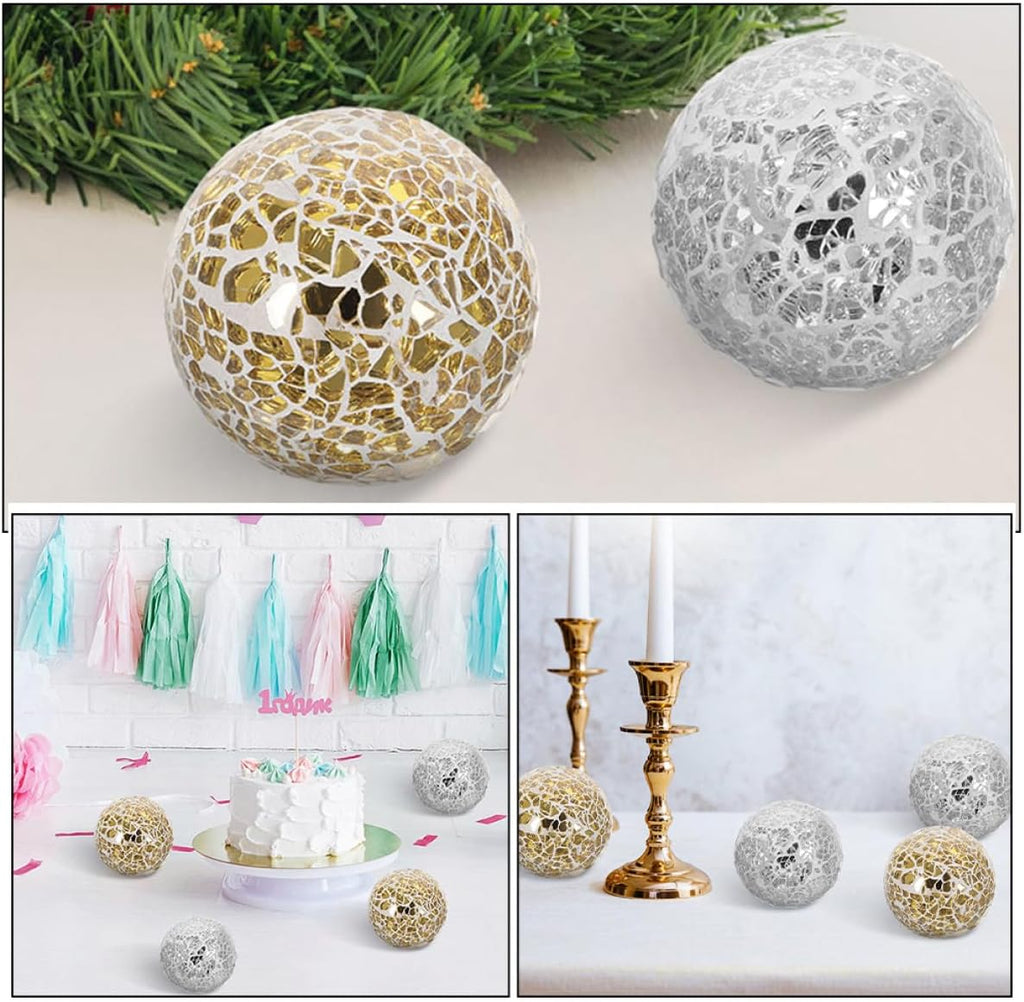 4pcs Crackle Glass Sphere Decorative Balls Set, 8cm Mosaic Glass Orbs Décor, Table Centerpiece and Vase Fillers