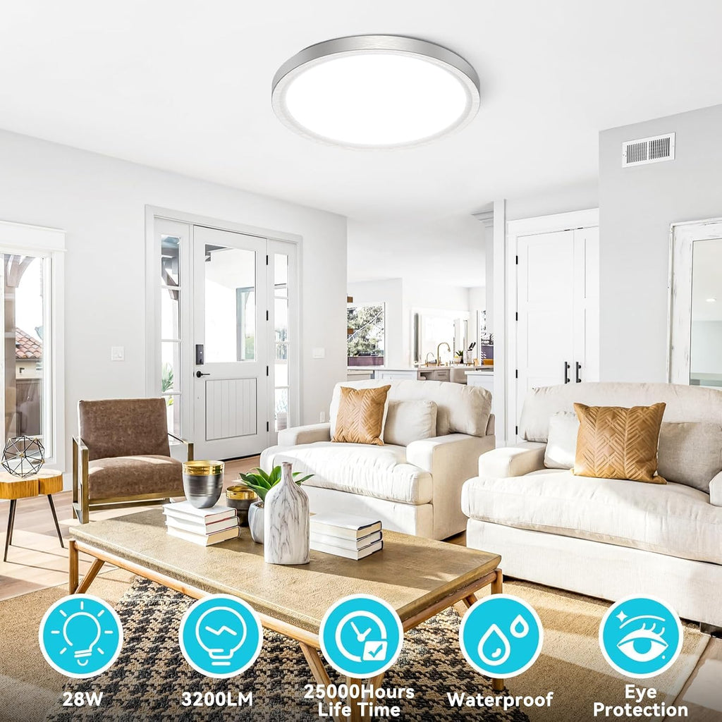 12 inch Flush Mount LED Ceiling Light Fixture, 3000K 4000K 6500K Adjustable, 28W 3200lm Brushed Nickel Satin Round