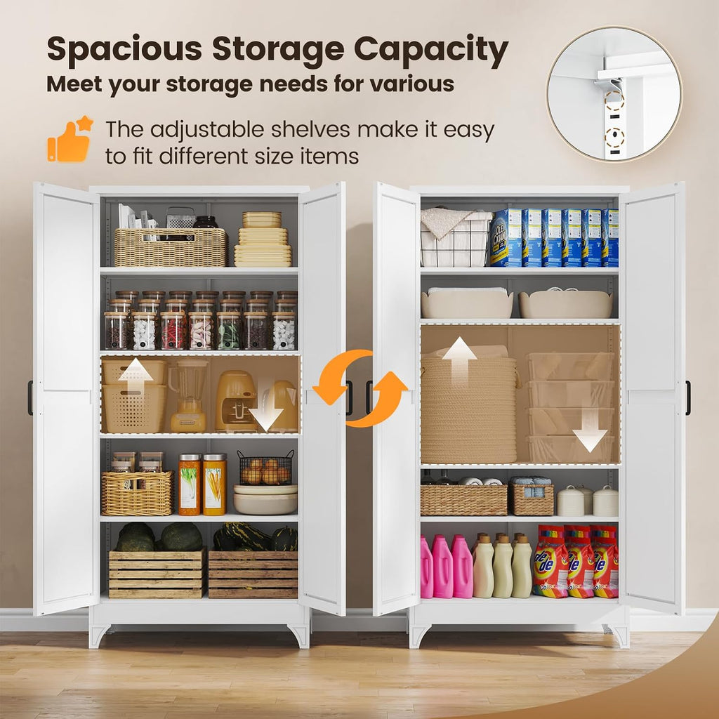 Metal Storage Cabinet with Doors and 4 Adjustable Shelves - 75" White Kitchen Pantry Storage,4-Tier Tall Steel