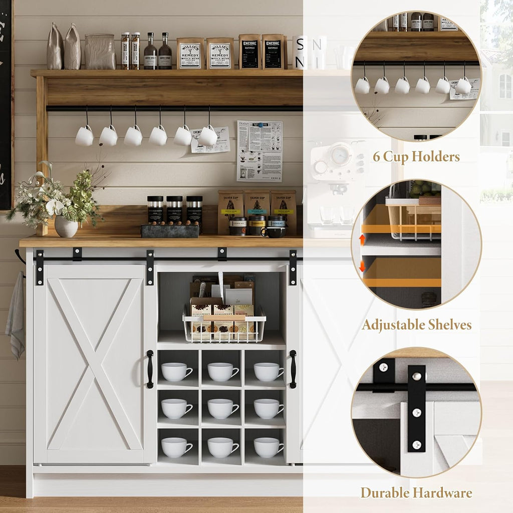 Farmhouse Coffee Bar Cabinet with Storage, 47'' Buffet Cabinet with Hutch and Sliding Barn Door