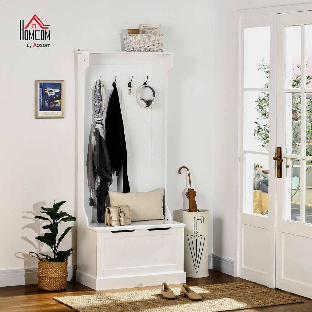 Hall Tree with Bench and Shoe Storage, 3-in-1 Entryway Bench with Coat Rack, 4 Hooks and Flip Top Storage