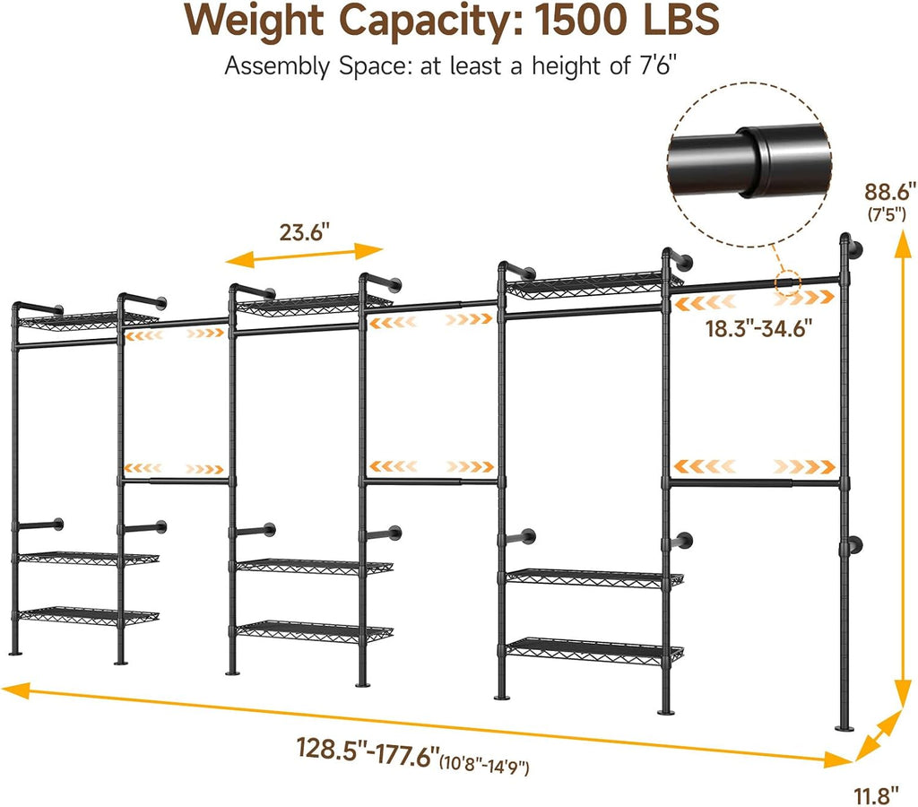 H6 Wall Mounted Closet System, Industrial Pipe Clothes Rack Clothing Racks with 6 Telescopic Rods & 3 Fixing Rods & 9