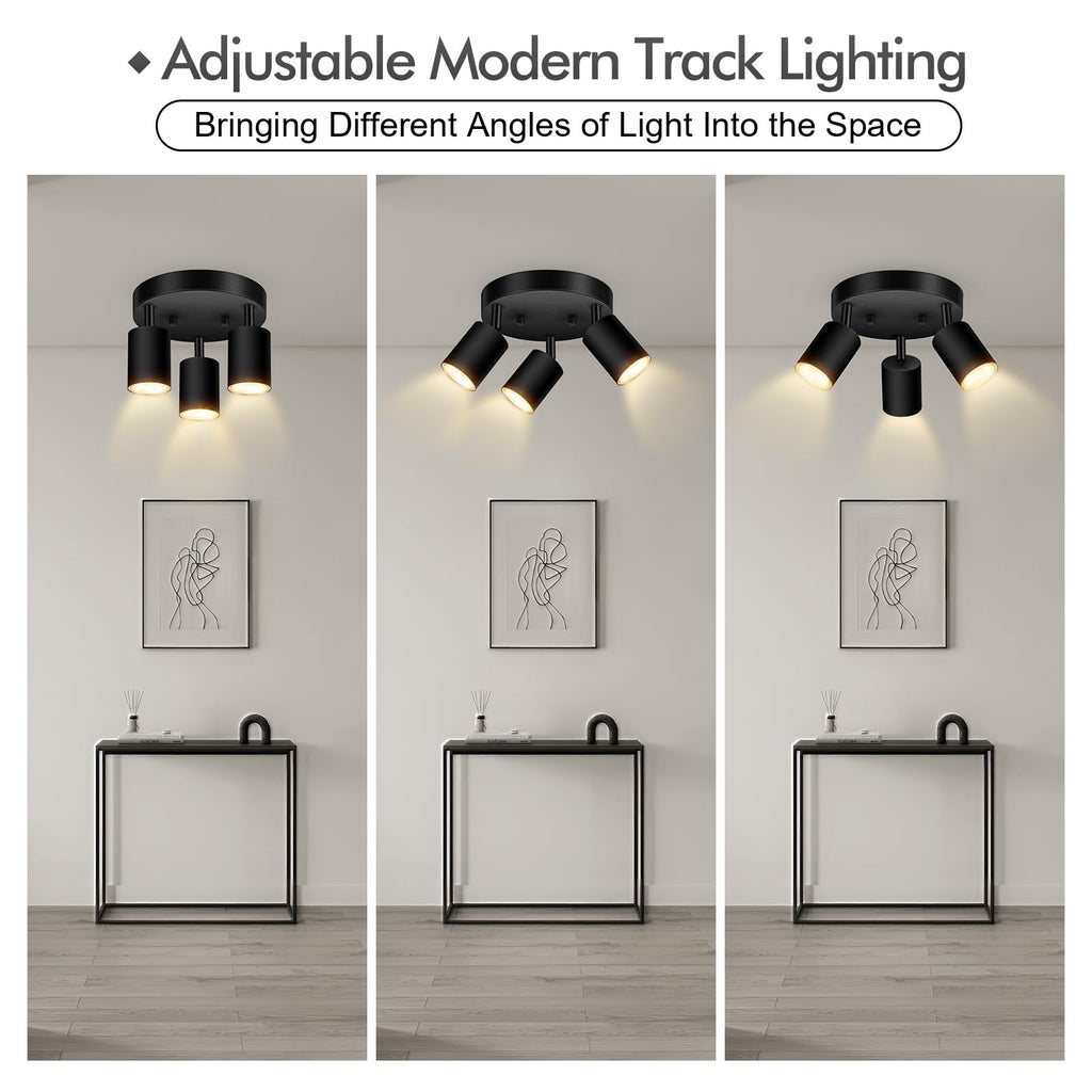 3 Light Track Lighting Fixtures Ceiling, Matte Black Round Directional Ceiling Spotlight, GU10 Flush Mount