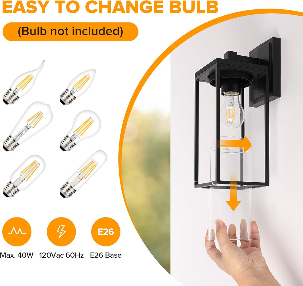 2 Pack Outdoor Wall Light Fixtures, Exterior Waterproof Lanterns with Aluminum Frame and Clear Glass Shade