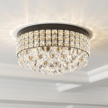 4 Lights Crystal Chandelier, Recessed Drum Ceiling Light, Mini Crystal Flush Mount Round Metal Shade Raindrop