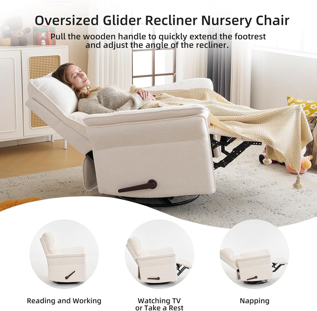 Oversized Recliner Chair, 24" Extra Wide 360° Swivel Rocker Recliner with Adjustable Headrest, Chenille Glider