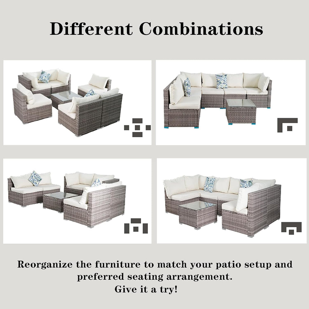 7 Piece Patio Furniture Sets, Rattan Conversation Sectional Set with Glass Table Outdoor Patio Sofa with Thick