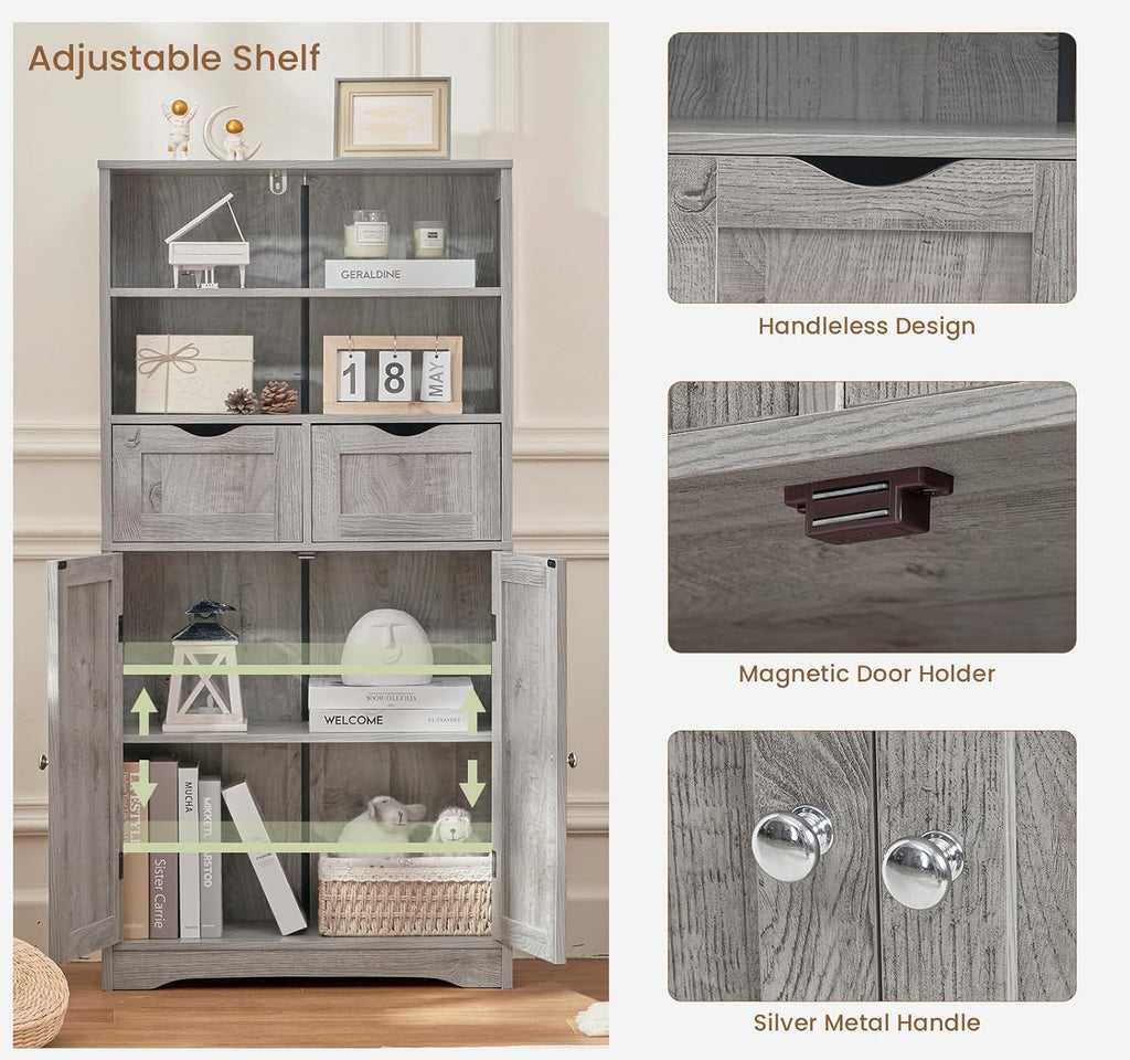 Storage Cabinet with 2 Drawers & Adjustable Shelf, Tall Bathroom Cabinet with Doors, Cupboard, Kitchen Cabinets , Grey