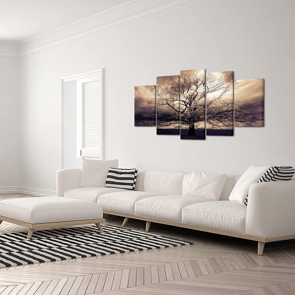5 Piece Large Canvas Wall Art Sepia Tree of Life Picture Photo Art Print on Canvas Mysterious Fantasy Forest Artwork