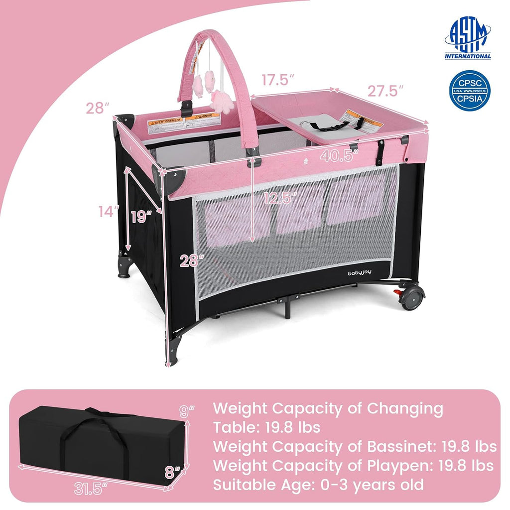 3 in 1 Pink Pack and Play, Travel Baby Crib Bassinet Bed with Bassinet for Girl, Changing Table w/Safety Belt