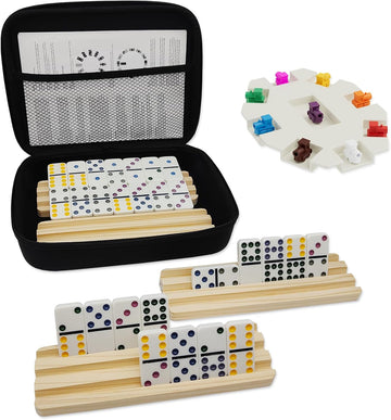 Double 9 Dominoes Set with 4 Wooden Trays/Racks, Double Nine Dominos Travel Set with 4 Domino Tiles Holders, 55 Tiles