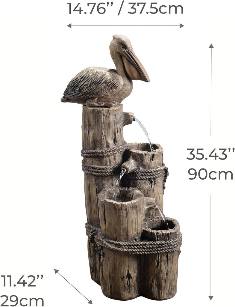 35.42" 4-Tier Pelican and Driftwood Pier Post Outdoor Cascading Water Fountain, Brown