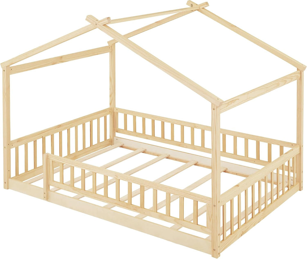 Full Size House Bed Frame, House Beds for Kids, Montessori Floor Bed with Fence, Playhouse for Kids,Full, Natural