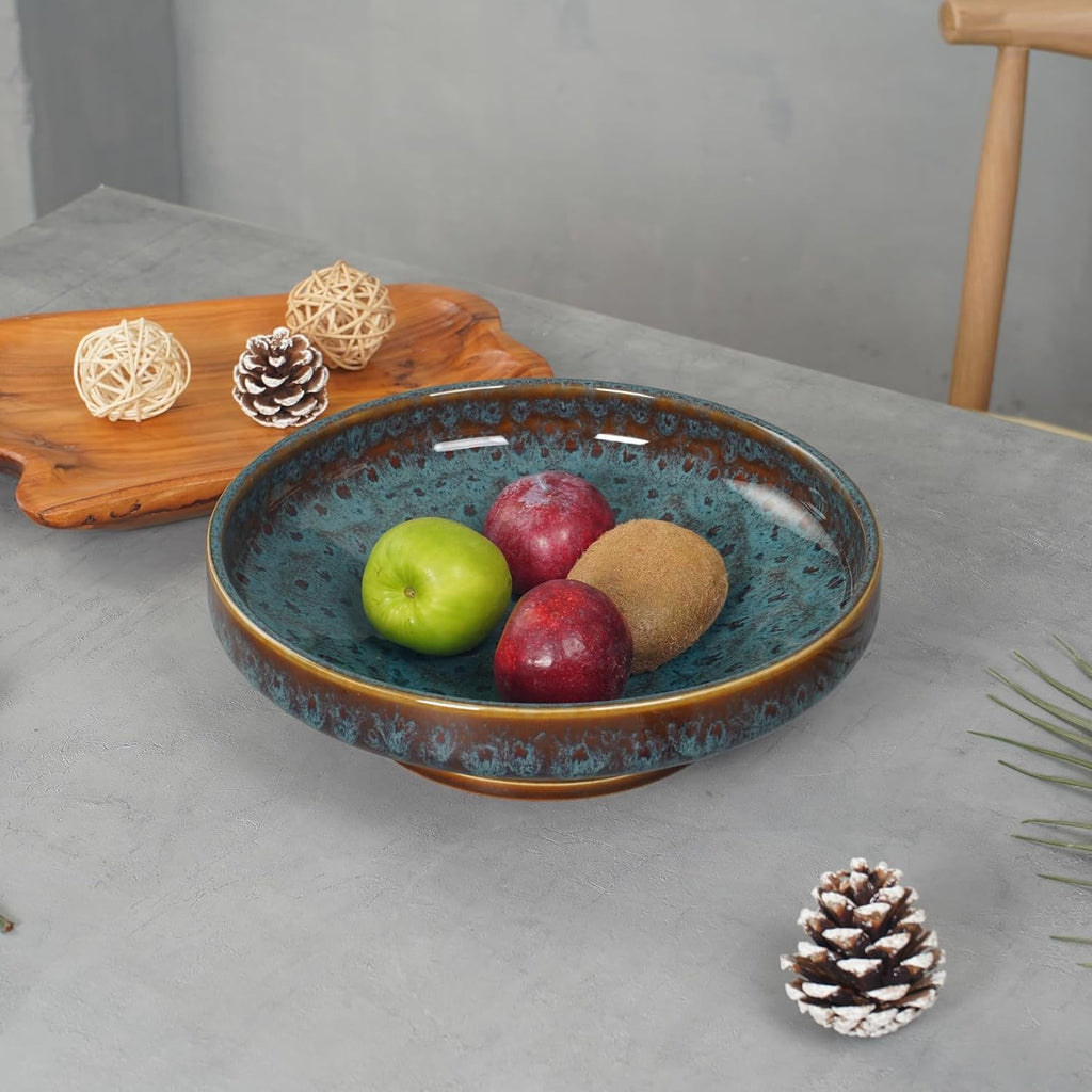 Ceramic Fruit Bowl Counter,Decorative Pedestal Bowl for Table Countertop,Large Footed Serving Bowl,10.2 Inch (peacock