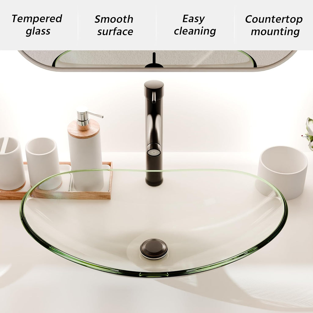 Tempered Glass Vessel Sink Bathroom, 20.8"x13.7" Oval Clear Above Counter Sink Bowl