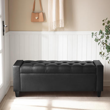 Ottoman with Storage, PU Leather Storage Ottoman Bench | Storage Bench with Safety Hinge,Bedroom Benches with Seating