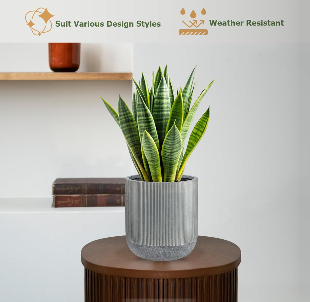18.7" H x 16.9" D Premium Radius Fiberstone Planter - Charcoal | 15" Pot Opening, Ribbed, Included 2 Extra Coco Mats