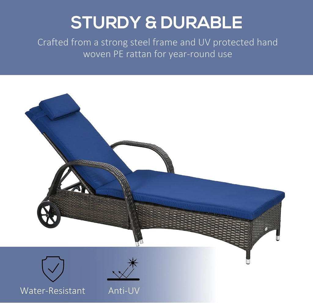 Wicker Outdoor Chaise Lounge Set of 2 Brown & Dark Blue | 5-Level Adjustable Backrest, PE Rattan, Pool Lounge Chair