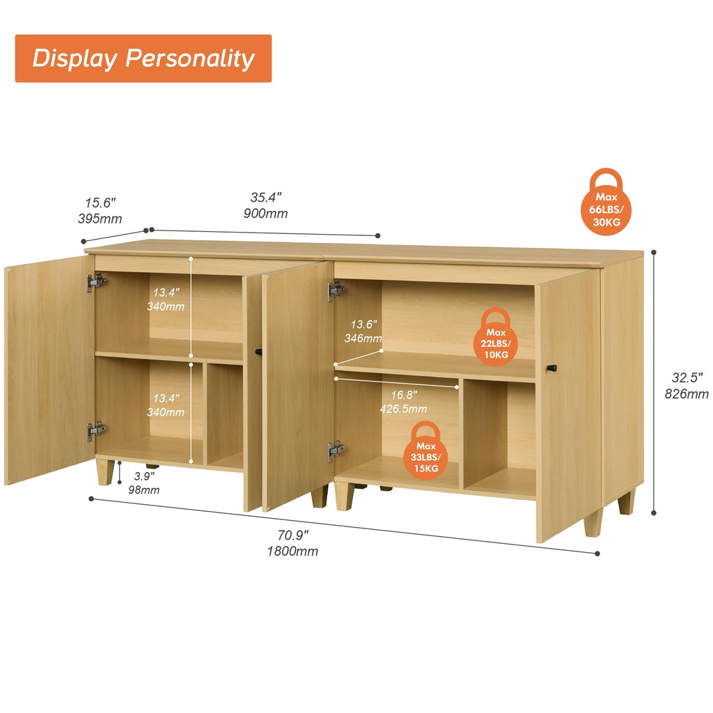 71" Wide Sideboard Buffet Table with Doors, Large Oak Buffet Cabinet
