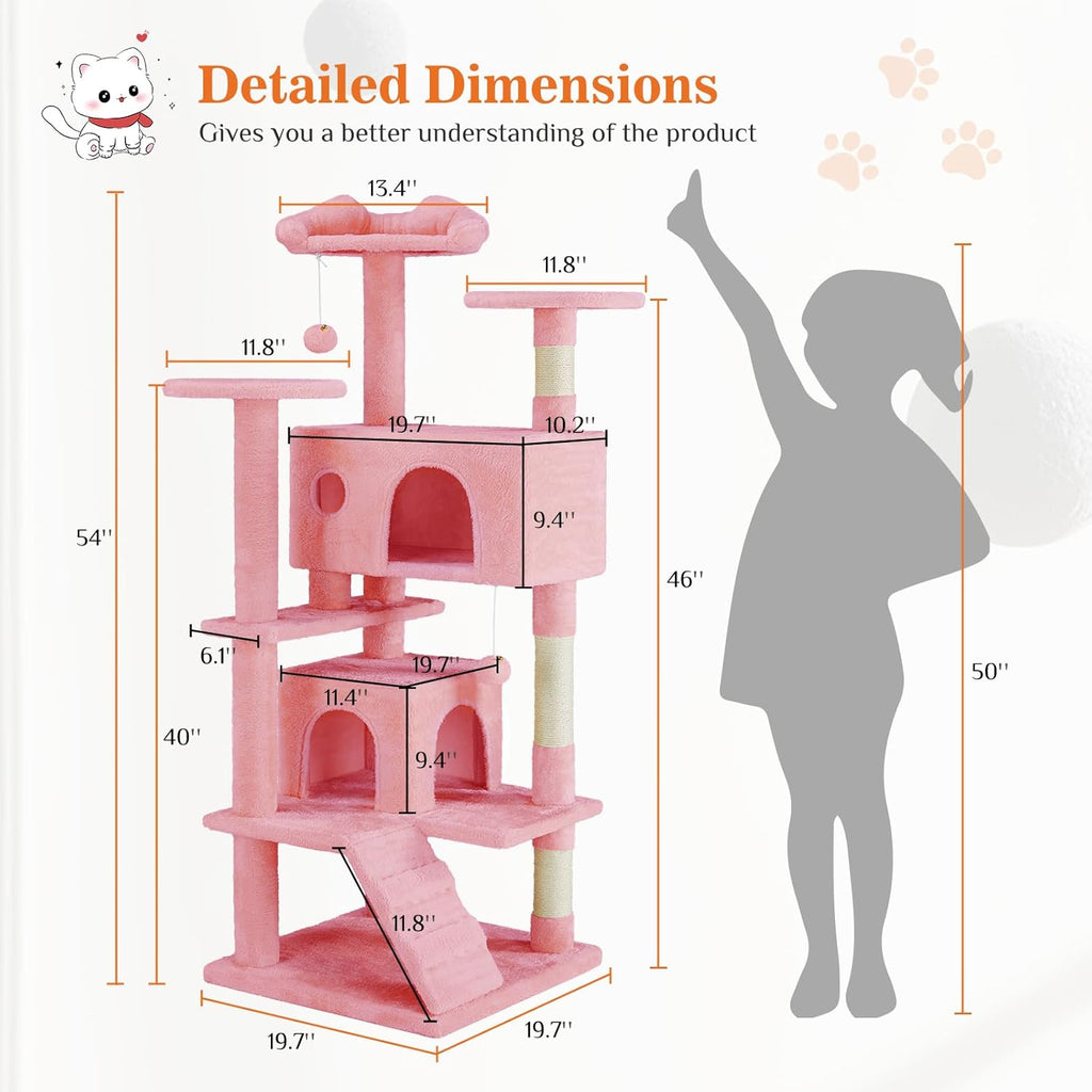 54 Inch Cat Tree Tower, Multi-Level with Cat Scratching Post, Indoor Cat Condo with Climbing Ladder, Plush Toy