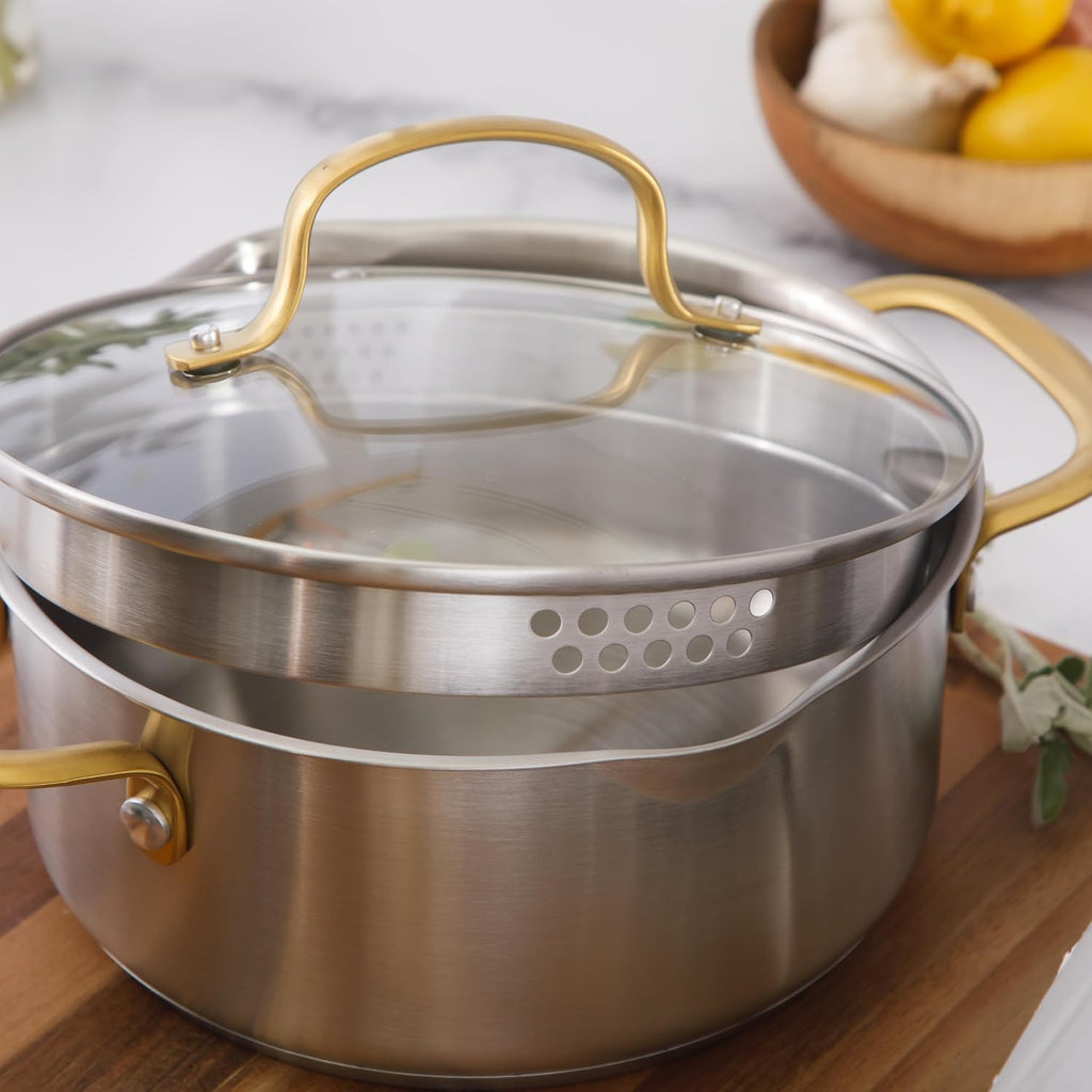 Platinum Sunstreak Pots and Pans Set, 10-Piece Stainless Steel Cookware Set with Glass Strainer Lids and Gold