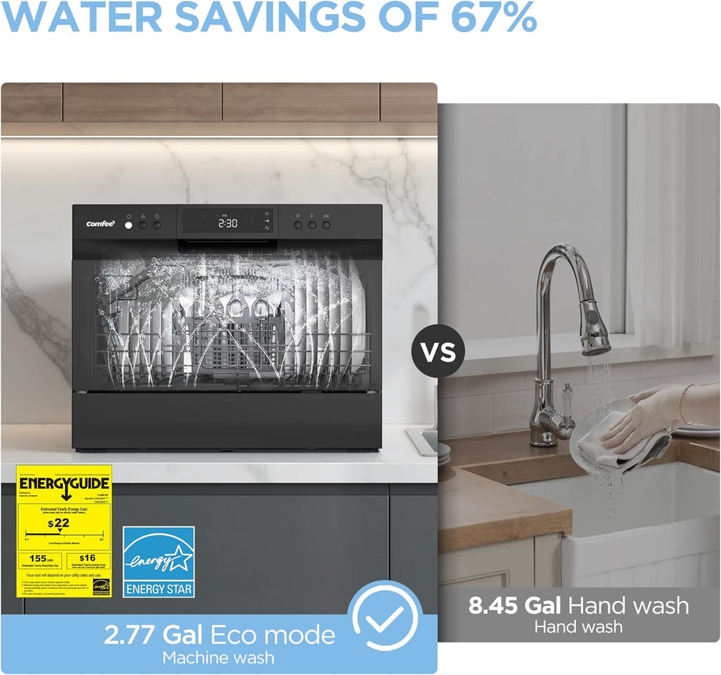 Countertop Dishwasher, Portable Dishwasher, 6 Place Settings & 8 Washing Programs, Speed, Baby-Care, ECO& Glass