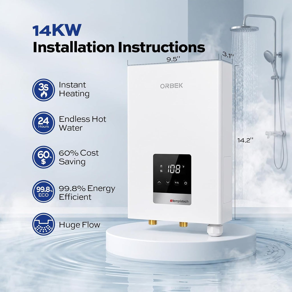 14kW Tankless Water Heater Electric, ORBEK On Demand Instant Hot Water Heater 240V, Max 3.38 GPM