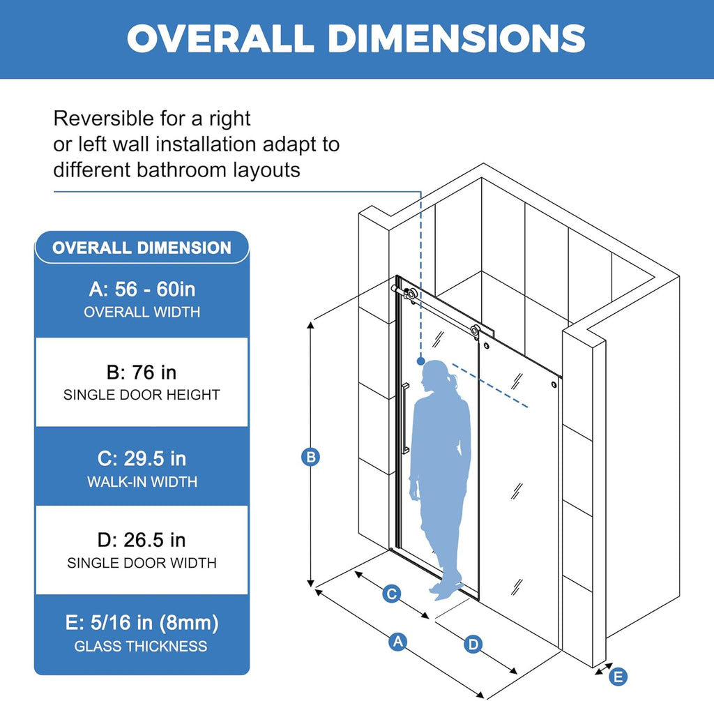 Frameless Sliding Glass Shower Door, 56-60" W x 76" H, 5/16" (8mm) Clear Tempered Glass Bathroom Sliding Door