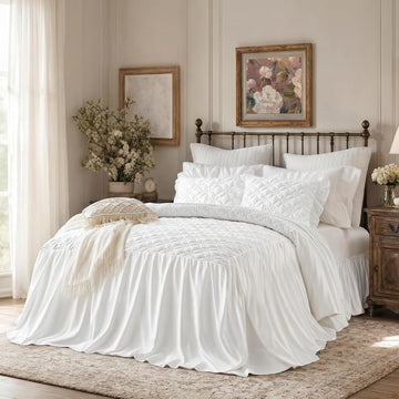 Ruffle Skirt Bedspread Set Flower Style - 30" Long Drop - Vintage Chic Ruffled Summer Bed Spreads Quilt Coverlet Boho