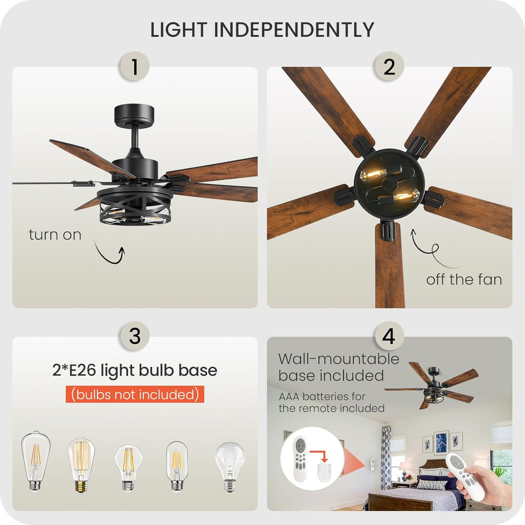 42 Inch Farmhouse Ceiling Fan with Lights and Remote, Timer, Dual Finish 5 Blades (Walnut and Black), 6 Speeds