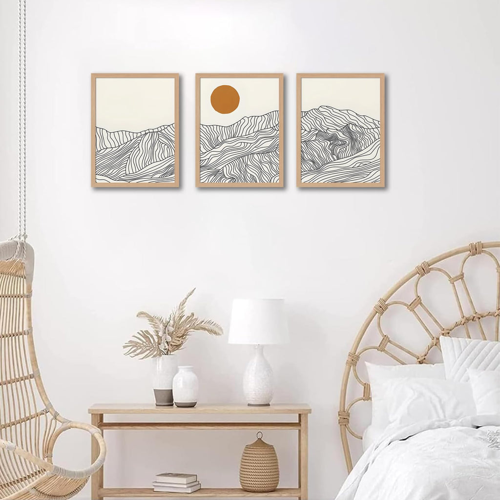 Abstract Wave Line Mountain Framed Canvas Wall Art, Boho Sun Wall Decor