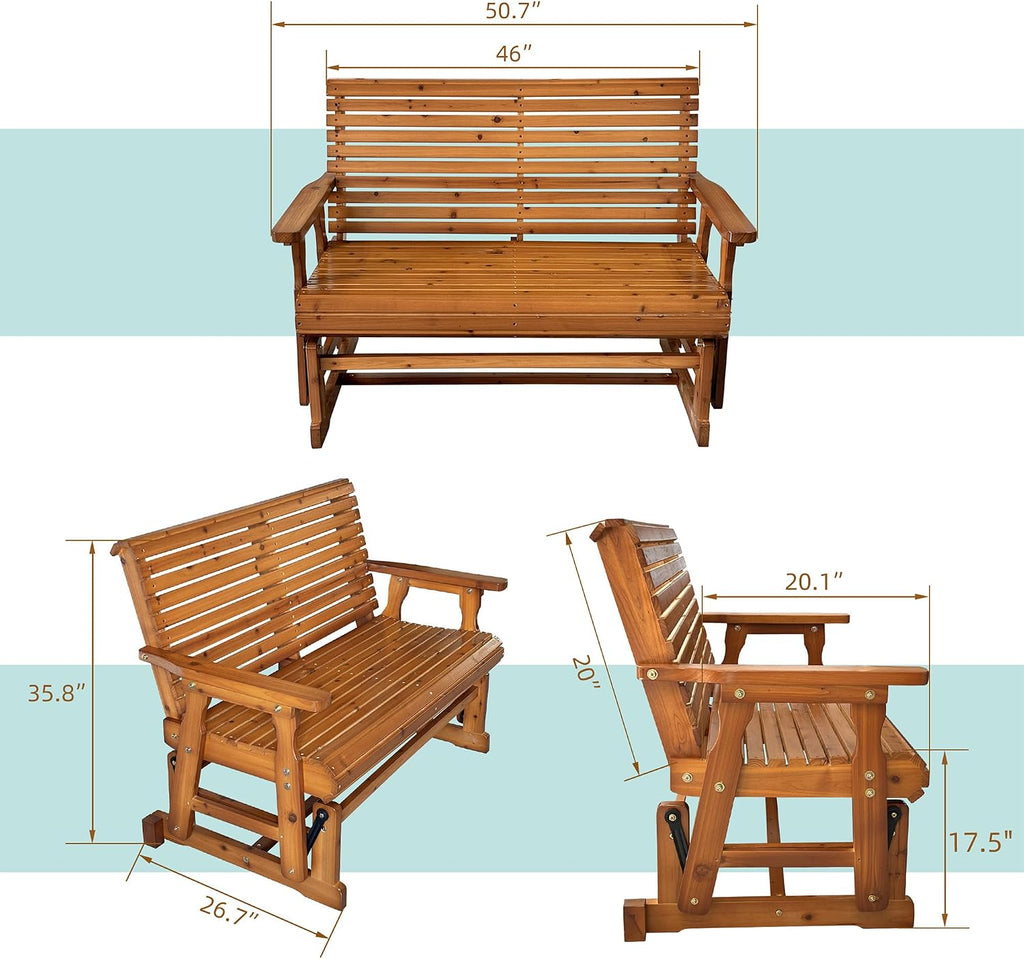 Wooden Patio Glider with High Roll Back and Deep Contoured Seat, Solid Fir Wood, 2-Seater, Heavy Duty 800 LBS, 4 Ft.