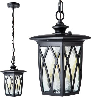 Dusk to Dawn Outdoor Pendant Lantern, 12 Inch Craftsman Style Exterior Hanging Light with Water Ripple Glass