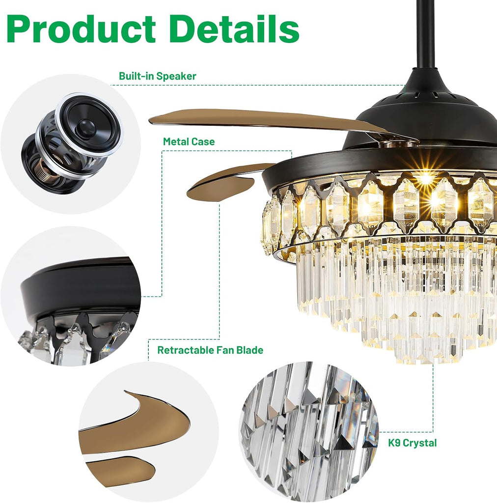 42 Inch Black Fandelier Ceiling Fan with App Remote Control and Bluetooth Speaker