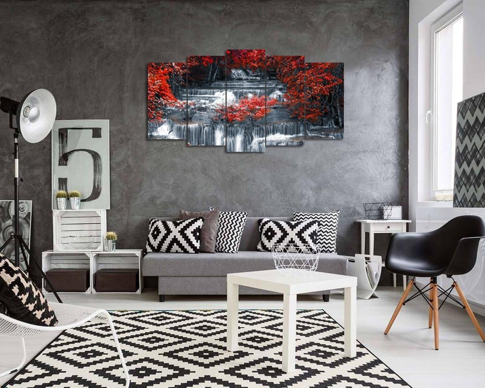 5 Pieces Large Black and Red Canvas Wall Art Waterfall Nature Landscape Picture Print, Living Room Office Decoration