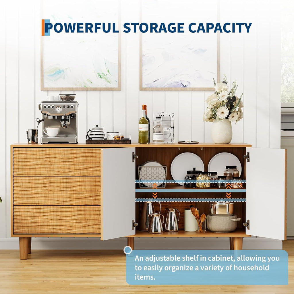 61" Wood Modern Sideboard Buffet Cabinet with Undulating Fluted Design, 3 Drawers & 2 Doors Kitchen Storage Cabinet