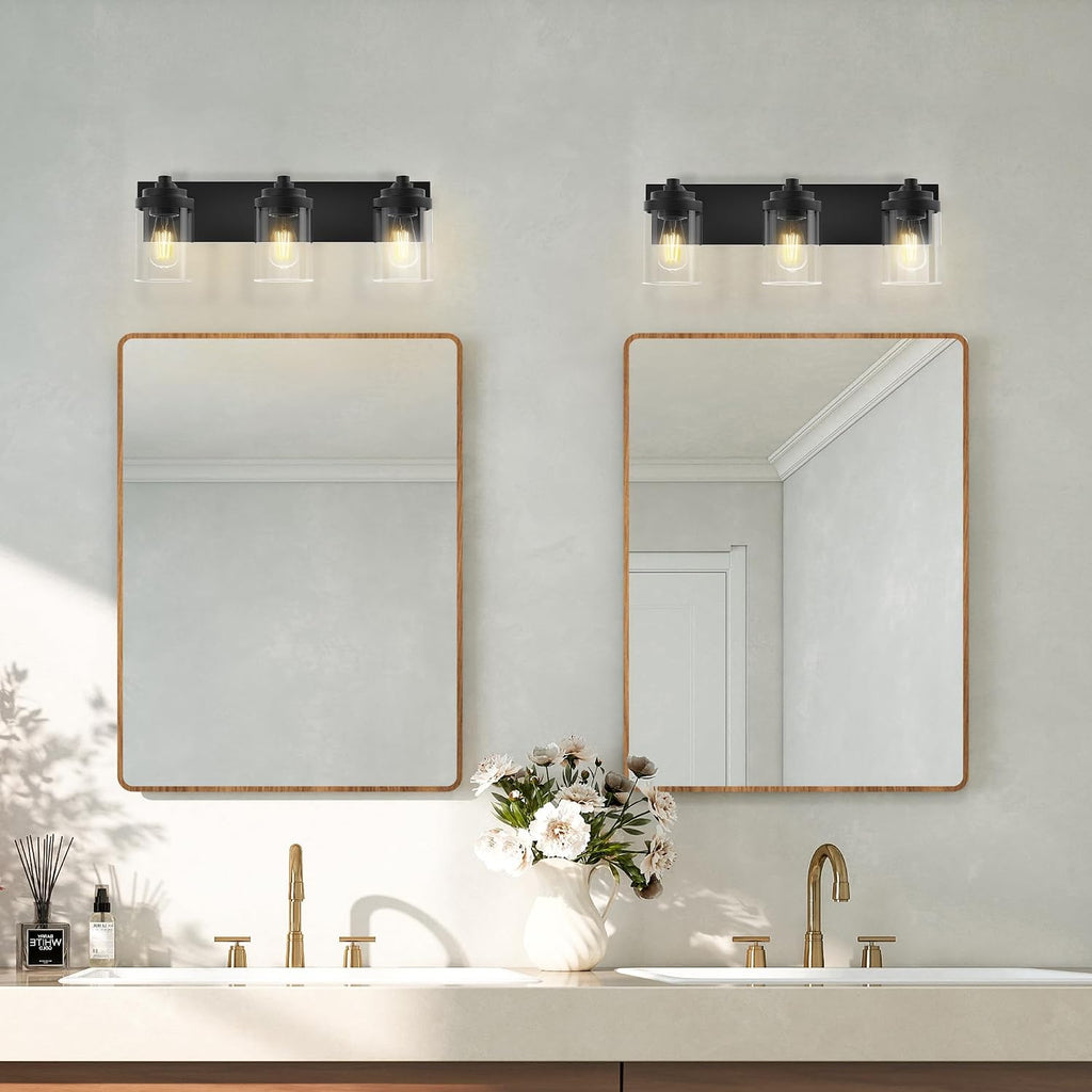 Bathroom Vanity Light, 3-Light Modern Black Vanity Light Fixtures with Clear Glass Shade, 22in Matte Black Bathroom